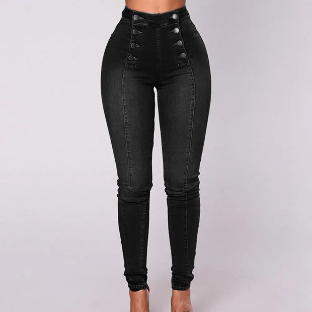 Women High Waist Jeans Skinny Double-breasted Pockets Push Up Full-Length Denim Pants