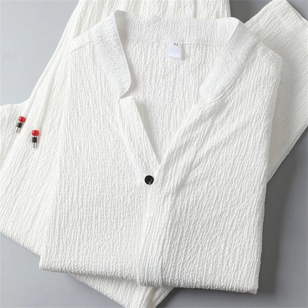 Quality Ice Silk Linen Spring Summer Suits Men Two Piece Sets