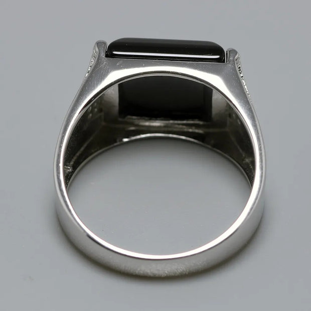 Solid Silver 925 Men's Rings For Men Black Square Natural Stone Jewelry