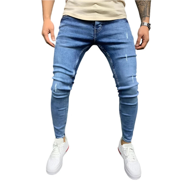 Fashion Style Ripped Skinny Jeans Men Solid Denim Casual Slim Fit Pants