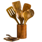 Wooden Utensils for Cooking with Utensils Holder, Teak Wood Kitchen Utensils Set 9PCS