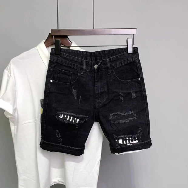 Summer Men's Black Distressed Stickers Slim Denim jeans Short Fashion