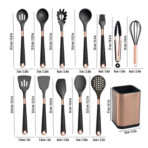 Silicone Cooking Utensils Set Kitchen Non-stick Tool Gold Handle Gadgets BPA FREE Kitchenware Heat Resistant