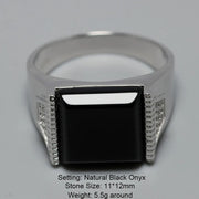 Solid Silver 925 Men's Rings For Men Black Square Natural Stone Jewelry