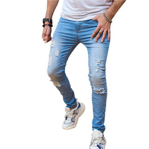 Stylish Streetwear Men Skinny Jeans Holes Solid Casual Slim Denim Pants