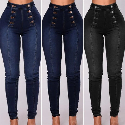 Women High Waist Jeans Skinny Double-breasted Pockets Push Up Full-Length Denim Pants