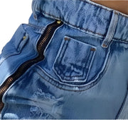 Women Chic Casual Solid Zipper Decoration Ripped Tassels High Wasit Denim Shorts