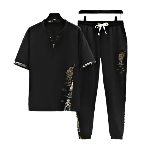 Tiger Pattern T-shirt Pants Set Men's Stand Collar Elastic Waist Drawstring