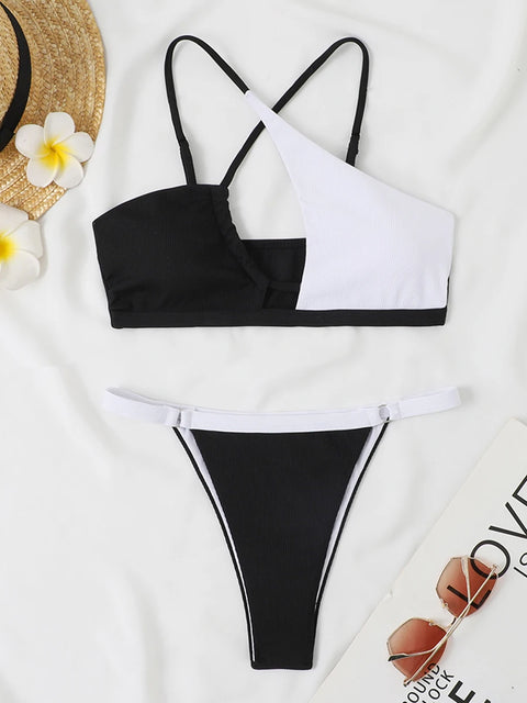 Front Cross Bikini Ring Link Swimsuit Ribbed Swimwear New Style Swimsuit Beachwear