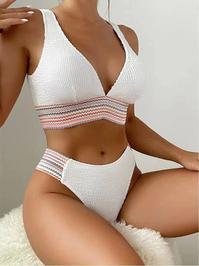 Deep V Bikini Ribbed Swimsuit Solid Swimwear New Summer Fashion Beachwear