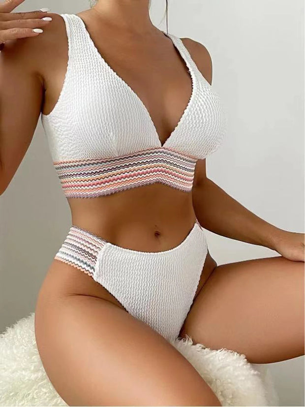 Deep V Bikini Ribbed Swimsuit Solid Swimwear New Summer Fashion Beachwear