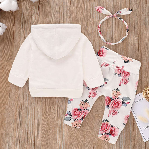 3pcs Baby Girl 95% Cotton Long-sleeve Hoodie and Floral Print Pants with Headband Baby Clothing Sets