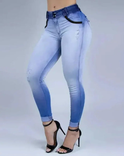 Woman High Waist Trend Denim Zip Fly Ombre Ripped Skinny Pocket Button Daily Long Jeans