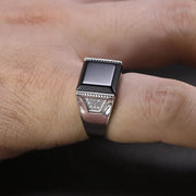 Solid Silver 925 Men's Rings For Men Black Square Natural Stone Jewelry