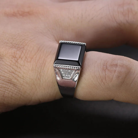 Solid Silver 925 Men's Rings For Men Black Square Natural Stone Jewelry