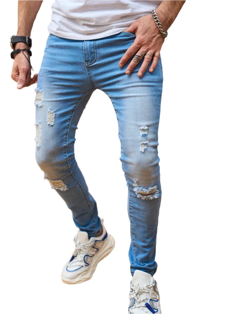 Stylish Streetwear Men Skinny Jeans Holes Solid Casual Slim Denim Pants