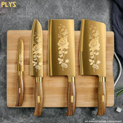 Luxury Gold Kitchen Knife Set Stainless Steel Blade with Golden Titanium Plating Chef for Kitchen