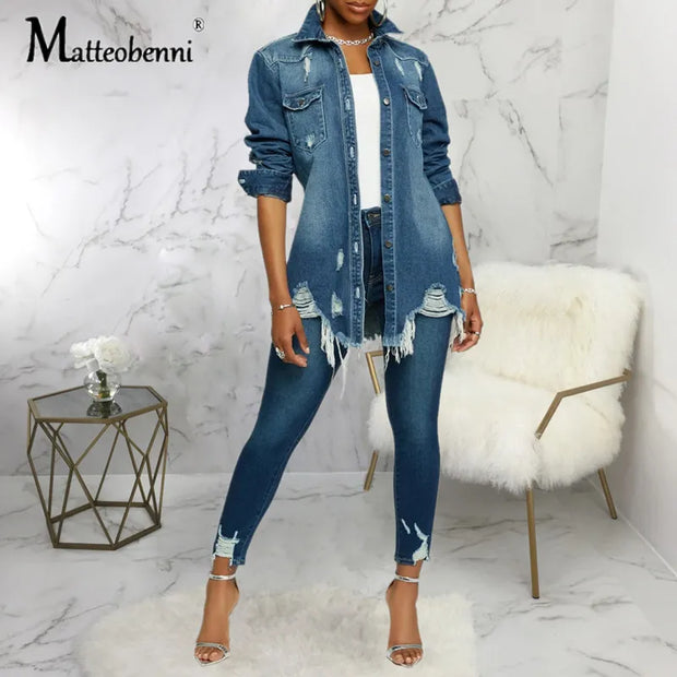 Sexy Fashion Denim Jacket Women Long Sleeve Boyfriend Style Casual Jean Jacket Vintage Button Streetwear Topcoat