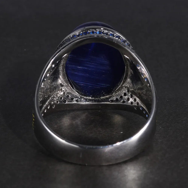 Real Pure Men's Rings Silver S925 Men's Rings with Natural Blue Tiger Eyes Stone Silver 925 Jewelry