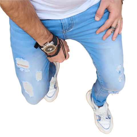 Stylish Streetwear Men Skinny Jeans Holes Solid Casual Slim Denim Pants