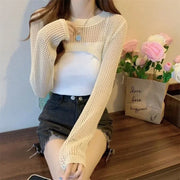 Summer Hollow Thin Long-sleeved Shirt Women's Round Neck Short Knitted Blouse