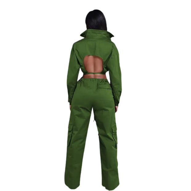 2 Woman Piece Set Solid Long Sleeve Back Cut Out Crop Shirts Wide Leg Cargo Pants with Pockets