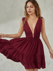 New Fashion Womens Evening Party Tank Dress Solid Color Sleeveless Deep V-Neck Backless Flowy Dress