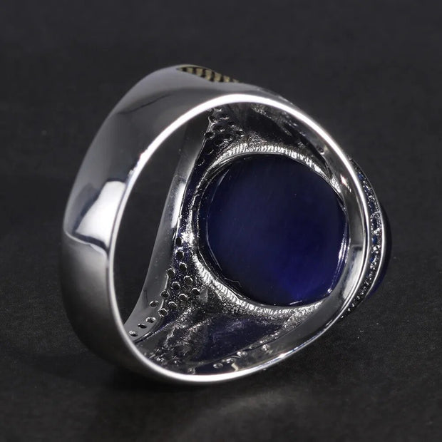 Real Pure Men's Rings Silver S925 Men's Rings with Natural Blue Tiger Eyes Stone Silver 925 Jewelry