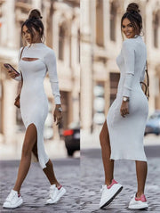 Sexy Bodycon Dress Elegant Casual Bodycon Long Sleeves High Neckline Knit Cut Out Midi Dress Ribbed