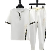 Tiger Pattern T-shirt Pants Set Men's Stand Collar Elastic Waist Drawstring