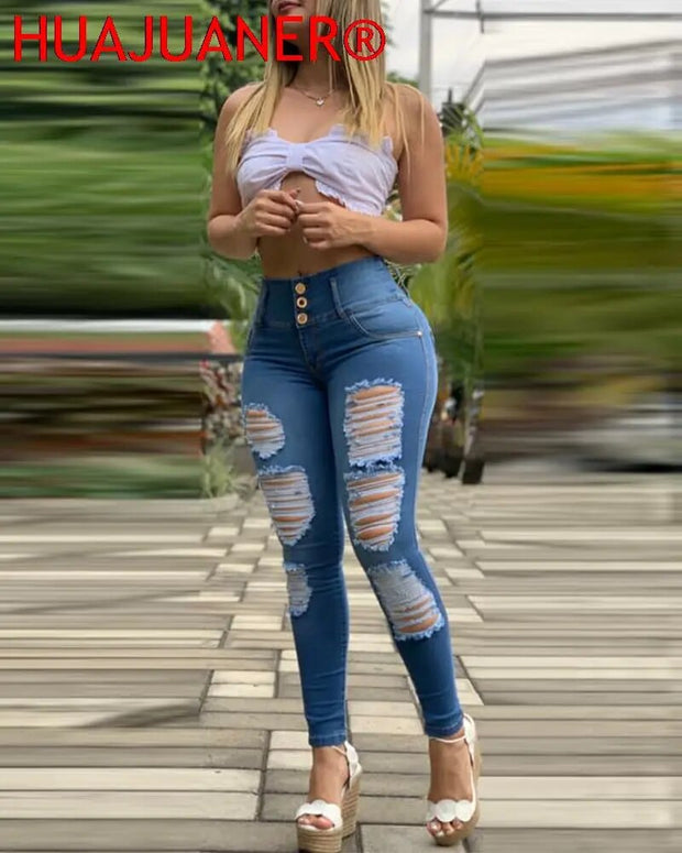 New Women High Waist Buttoned Ripped Jeans Plain Zipper Deco Cut Out Skinny Denim Pants Lady Sexy