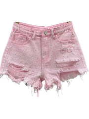 Fashion Rhinestone Diamond Denim Shorts for Women High Waist Ripped Jeans