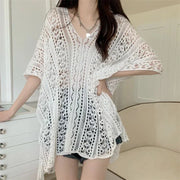 Sun Protection Clothing Casual Loose V-neck Hollow Knitted Shirt Women Clothes Summer Short Sleeve Unique