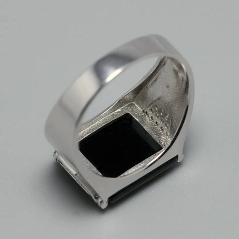 Solid Silver 925 Men's Rings For Men Black Square Natural Stone Jewelry