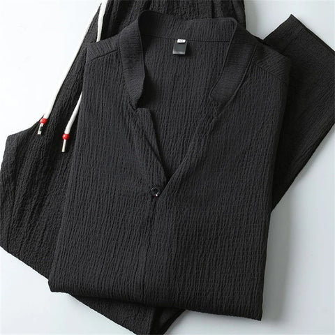 Quality Ice Silk Linen Spring Summer Suits Men Two Piece Sets