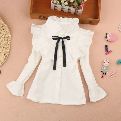 Cotton Ruffles Blouses for Children Teenage School Girls Pure White Shirts Toddler Long Sleeve Tops Baby Clothes