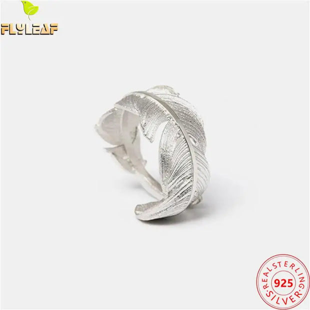 Real 925 Sterling Silver Jewelry Feather Open Rings For Women Original Design Luxury Accessories