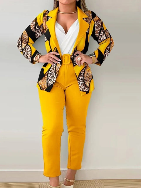 Long Sleeve Sets Outfits Buttoned Blazer Coat Print Belted Pants Fashion 2 Pieces for Women Elegant