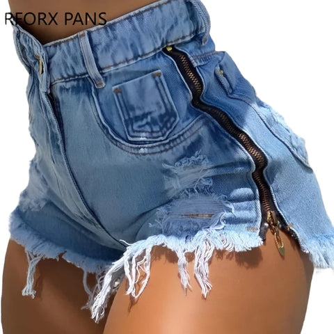 Women Chic Casual Solid Zipper Decoration Ripped Tassels High Wasit Denim Shorts