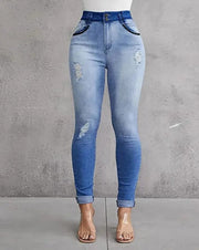 Woman High Waist Trend Denim Zip Fly Ombre Ripped Skinny Pocket Button Daily Long Jeans