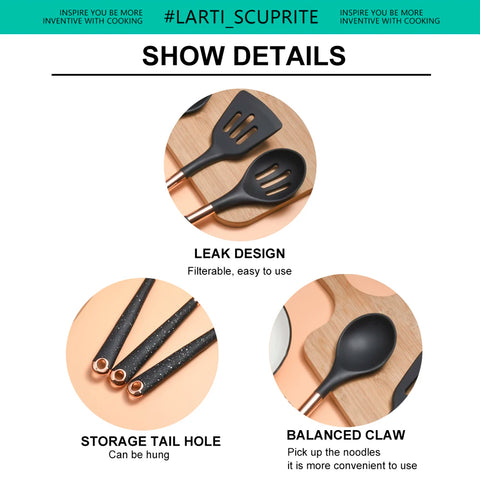 Silicone Cooking Utensils Set Kitchen Non-stick Tool Gold Handle Gadgets BPA FREE Kitchenware Heat Resistant