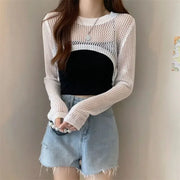 Summer Hollow Thin Long-sleeved Shirt Women's Round Neck Short Knitted Blouse