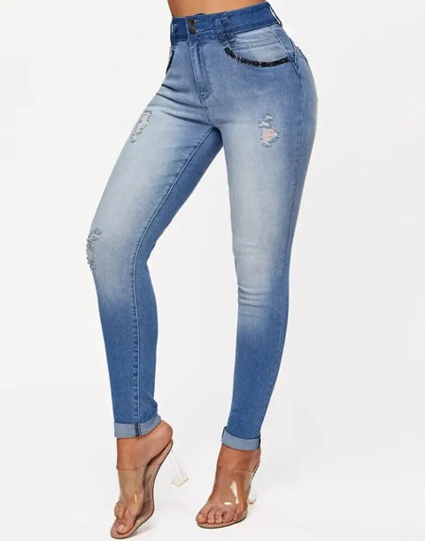 Woman High Waist Trend Denim Zip Fly Ombre Ripped Skinny Pocket Button Daily Long Jeans