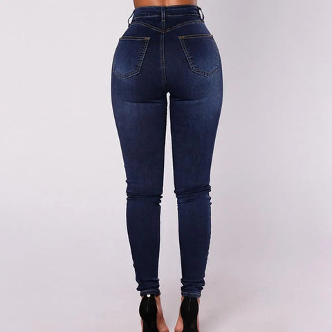 Women High Waist Jeans Skinny Double-breasted Pockets Push Up Full-Length Denim Pants