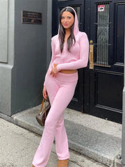 Luxury Women Winter Outfits Casual Zipper Sweater Hoodie Set High Waist Flare Pants Suits Knitted Two Piece Set