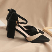 Mix Color Med Heels Pumps Women Pointed Toe Ankle Strap Leather Shoes