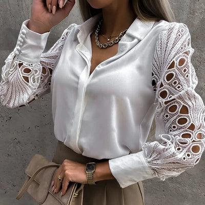 Lace Hollow Out Blouse Button Up Stylish Shirts Long Sleeve Mesh Design Tops