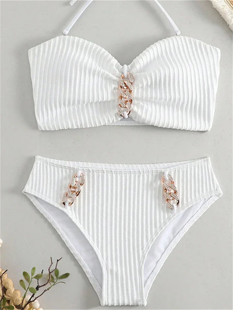 New Rhinestone Bikini Luxury Bandeau Push Up Swimsuit Beach Bathing Suit High Waist Swimwear