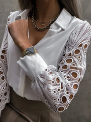 Lace Hollow Out Blouse Button Up Stylish Shirts Long Sleeve Mesh Design Tops