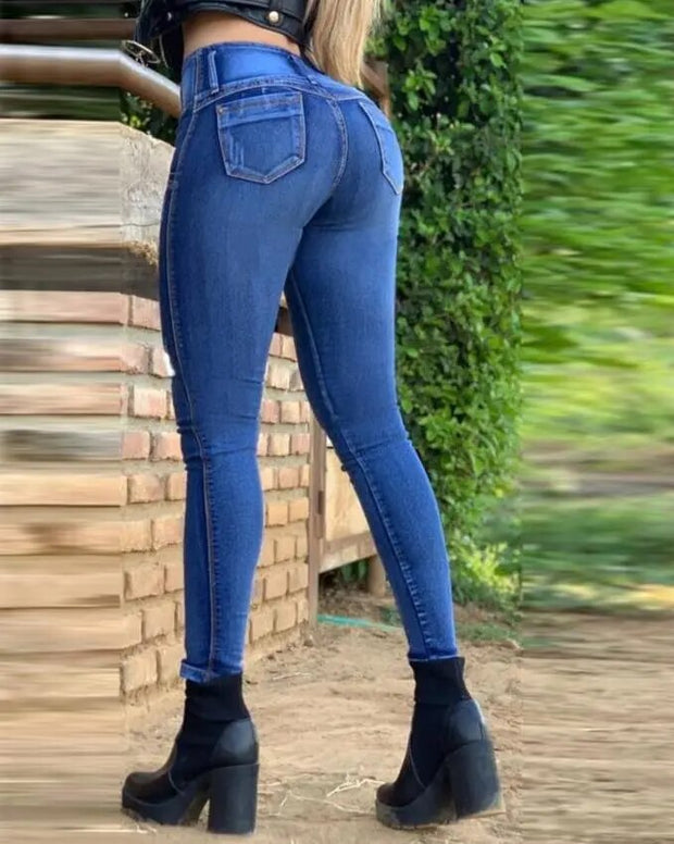 Jeans Women Denim Zipper Fly High Waist Ripped Skinny Plain Pocket Design Daily Long Jeans